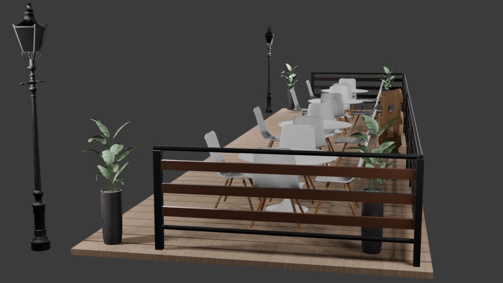 Vue d’une terrasse extérieure en bois avec des chaises blanches au design moderne, des tables rondes, des plantes en pot et des lampadaires noirs, sur un fond sombre, créant un espace de café élégant.