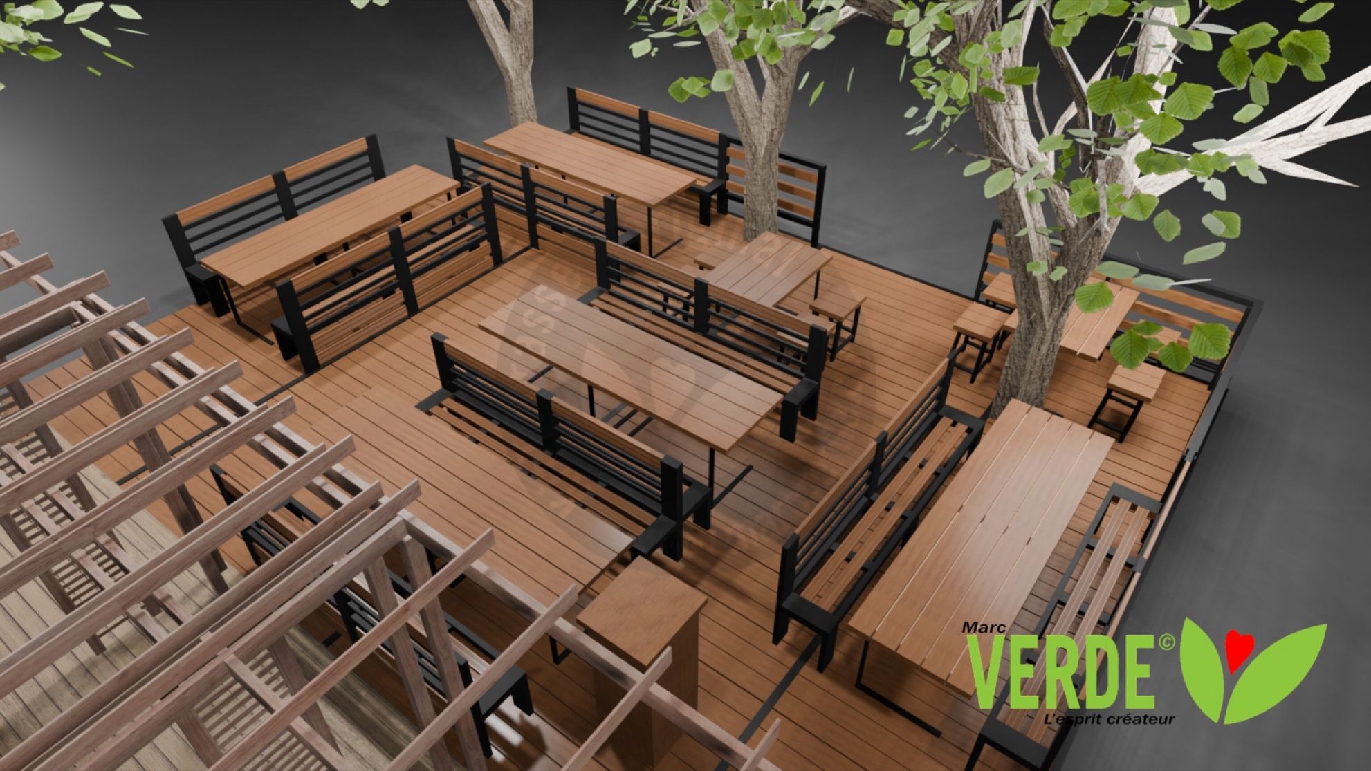 Illustration de l’aménagement d’une terrasse en bois avec des bancs et des tables noires et bois, entourant des arbres, conçue par Marc Verde, spécialisée dans l’aménagement extérieur.